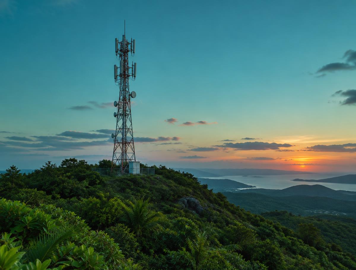 Wireless tower on a green hill at dusk